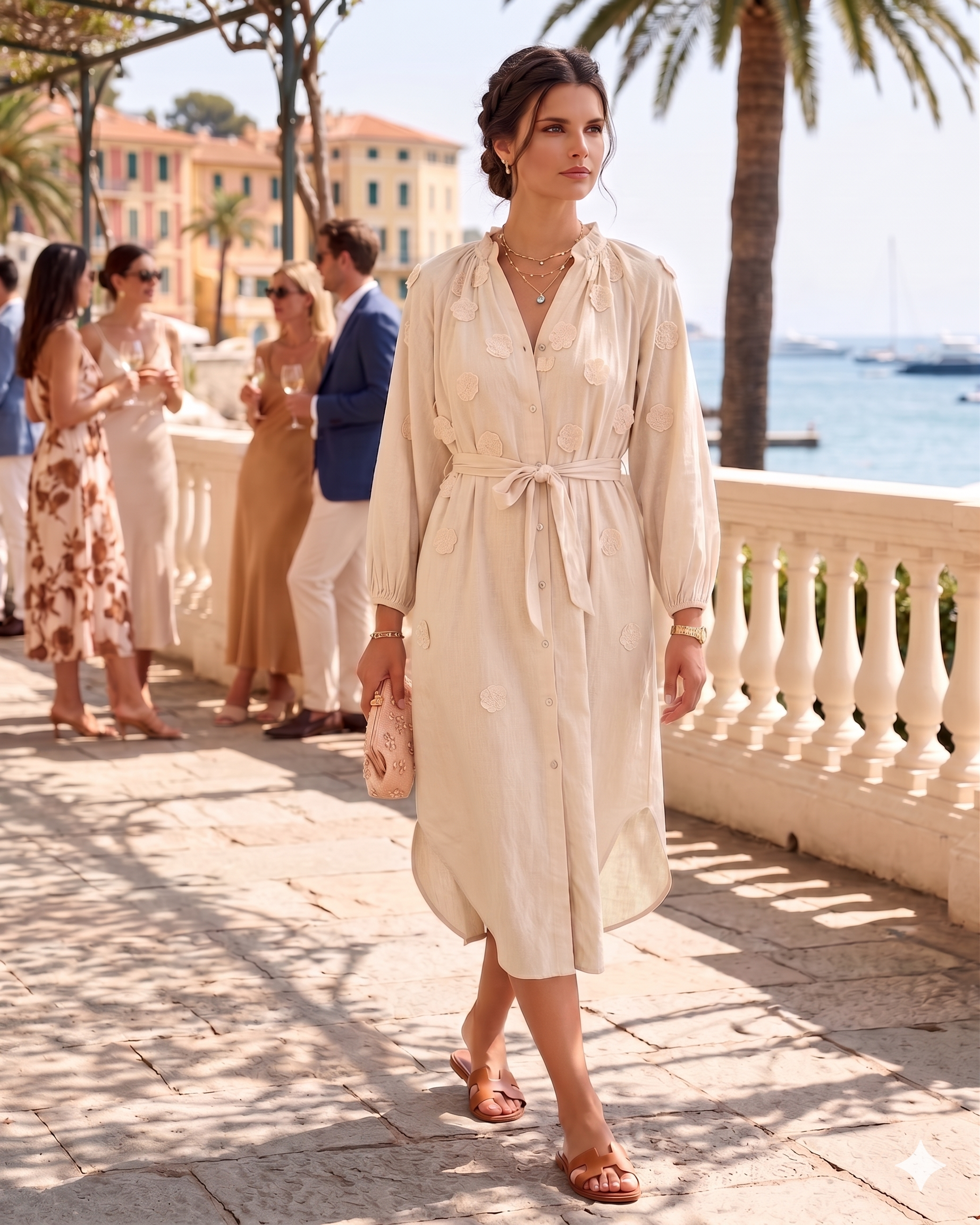 Rochie lungă din in cu flori aplicate beige HL053
