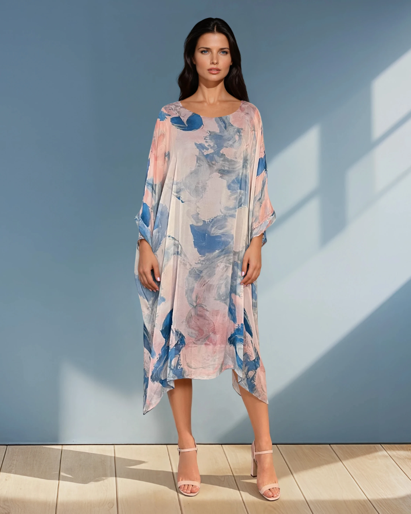 Rochie lungă din mix mătase cu print flora albastru PR853