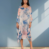 Rochie lungă din mix mătase cu print flora albastru PR853