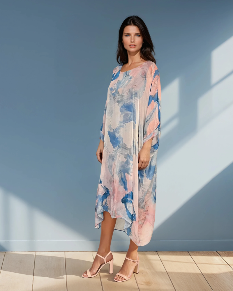 Rochie lungă din mix mătase cu print flora albastru PR853