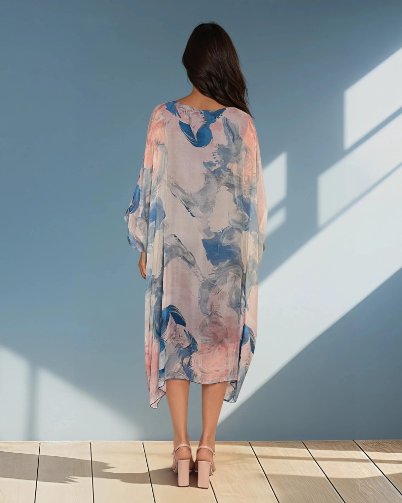 Rochie lungă din mix mătase cu print flora albastru PR853