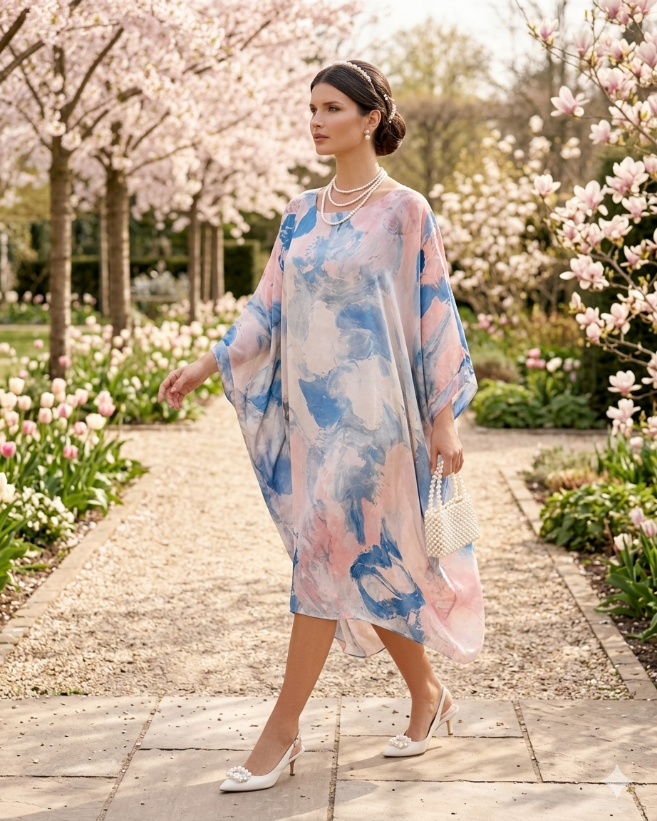 Rochie lungă din mix mătase cu print flora albastru PR853