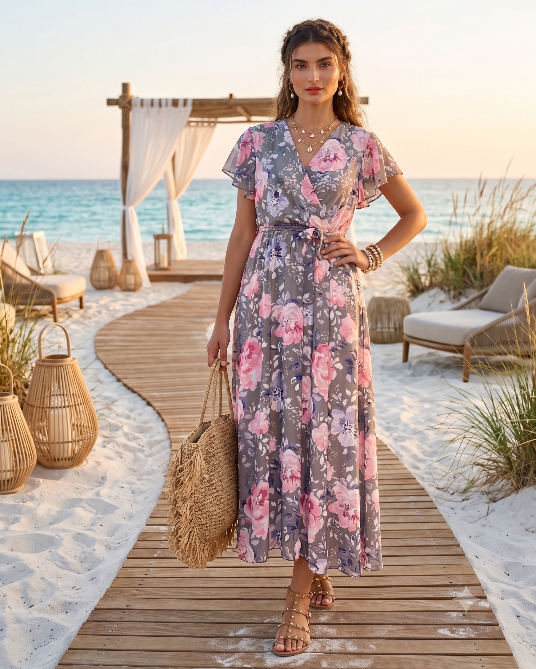 Rochie lungă din voal cu decolteu adânc kaki HL070