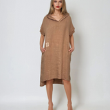 Rochie lungă în spate cu glugă și buzunare beige 