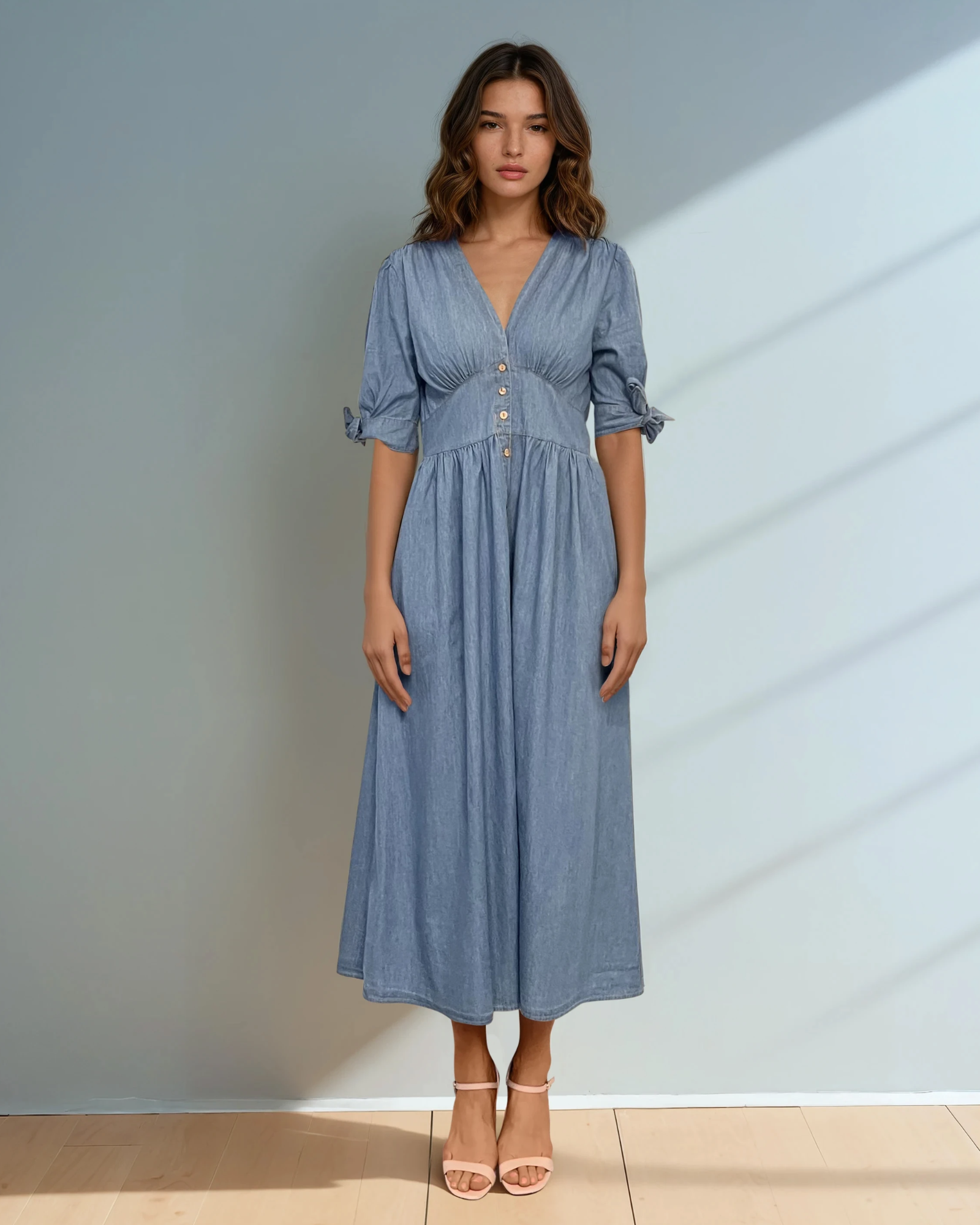Rochie lungă jeans cu fundă la mânecă și decolteu albastru-jeans 