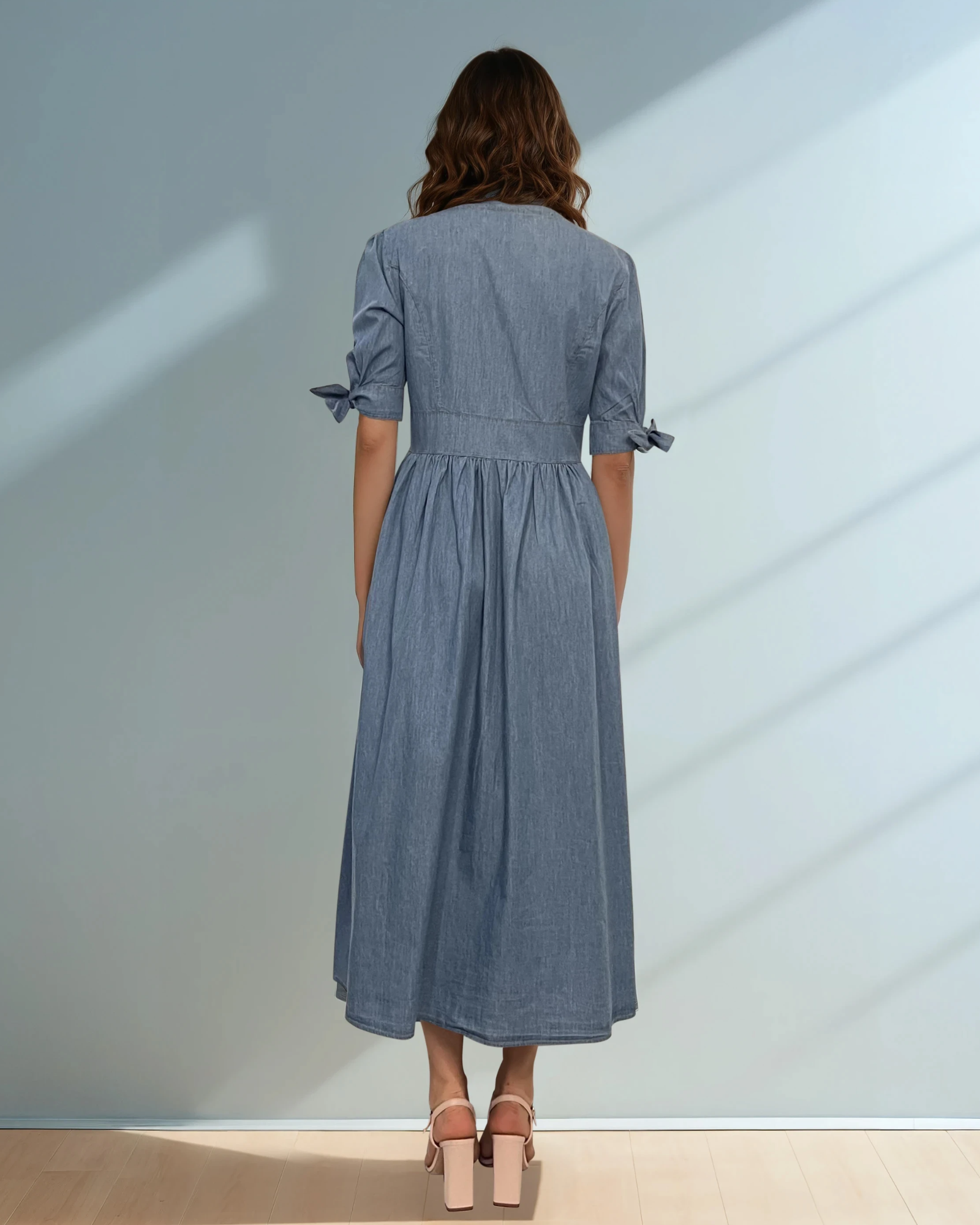 Rochie lungă jeans cu fundă la mânecă și decolteu albastru-jeans 