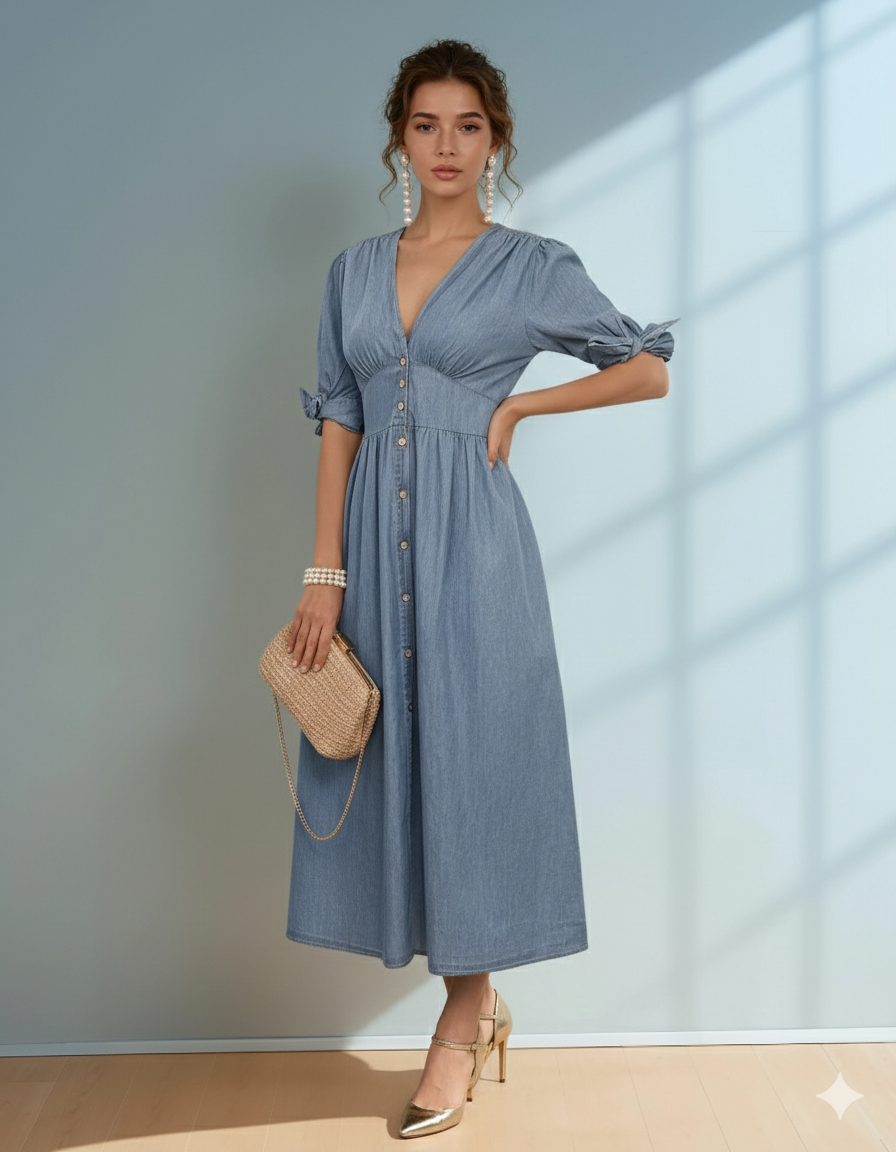 Rochie lungă jeans cu fundă la mânecă și decolteu albastru-jeans 