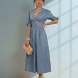 Rochie lungă jeans cu fundă la mânecă și decolteu albastru-jeans 