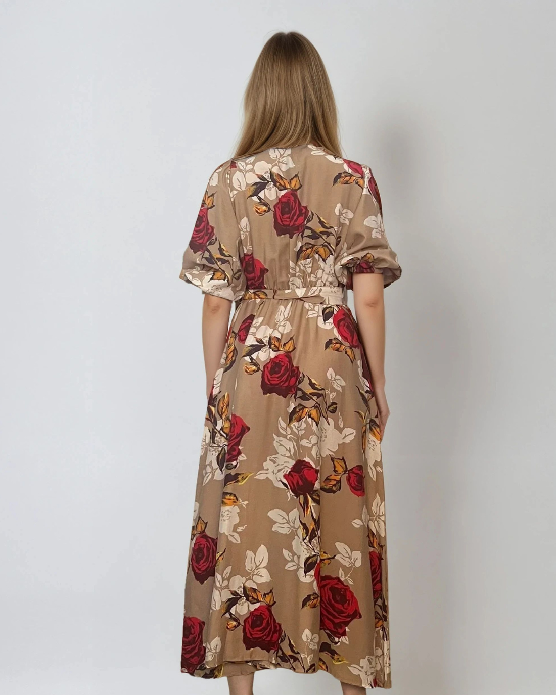 Rochie lunga parte peste parte print floral beige 