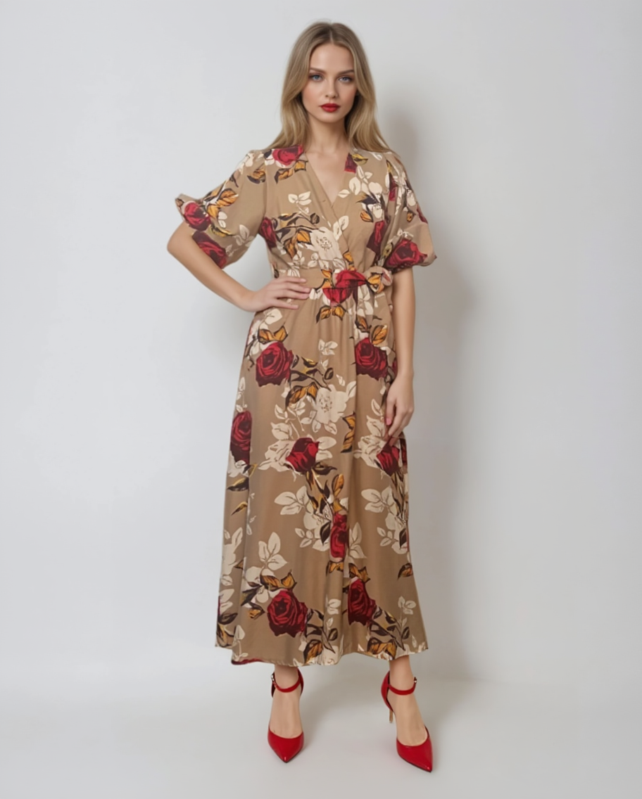 Rochie lunga parte peste parte print floral beige 