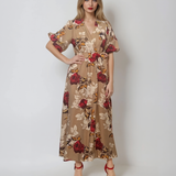 Rochie lunga parte peste parte print floral beige 