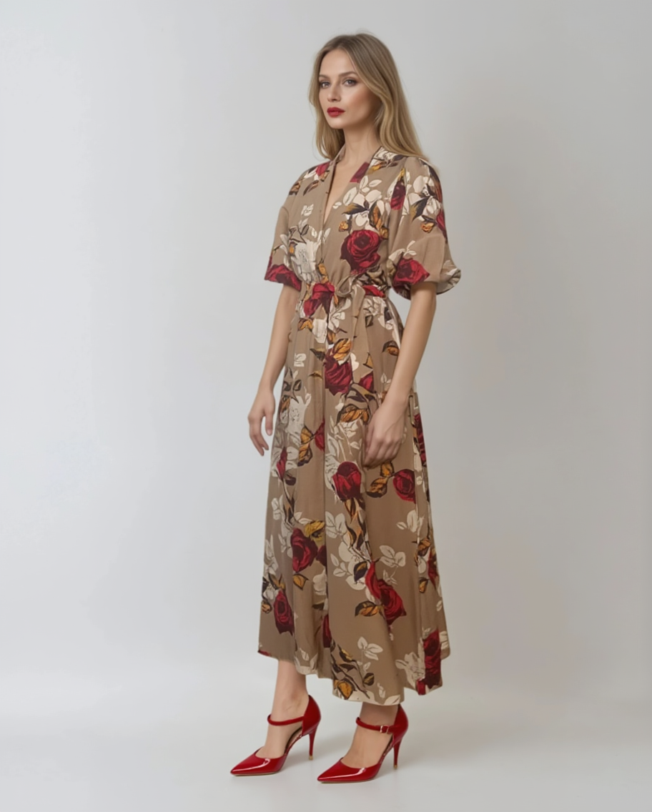 Rochie lunga parte peste parte print floral beige 