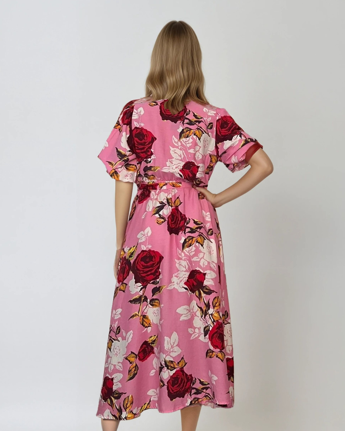 Rochie lunga parte peste parte print floral cu broșă roz 