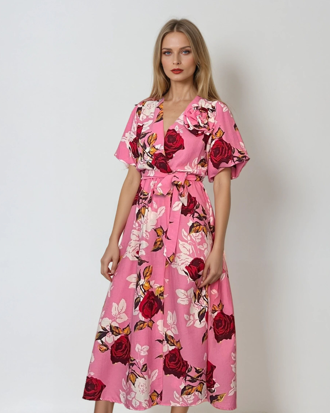 Rochie lunga parte peste parte print floral cu broșă roz 