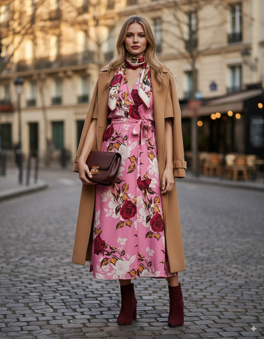 Rochie lunga parte peste parte print floral cu broșă roz 