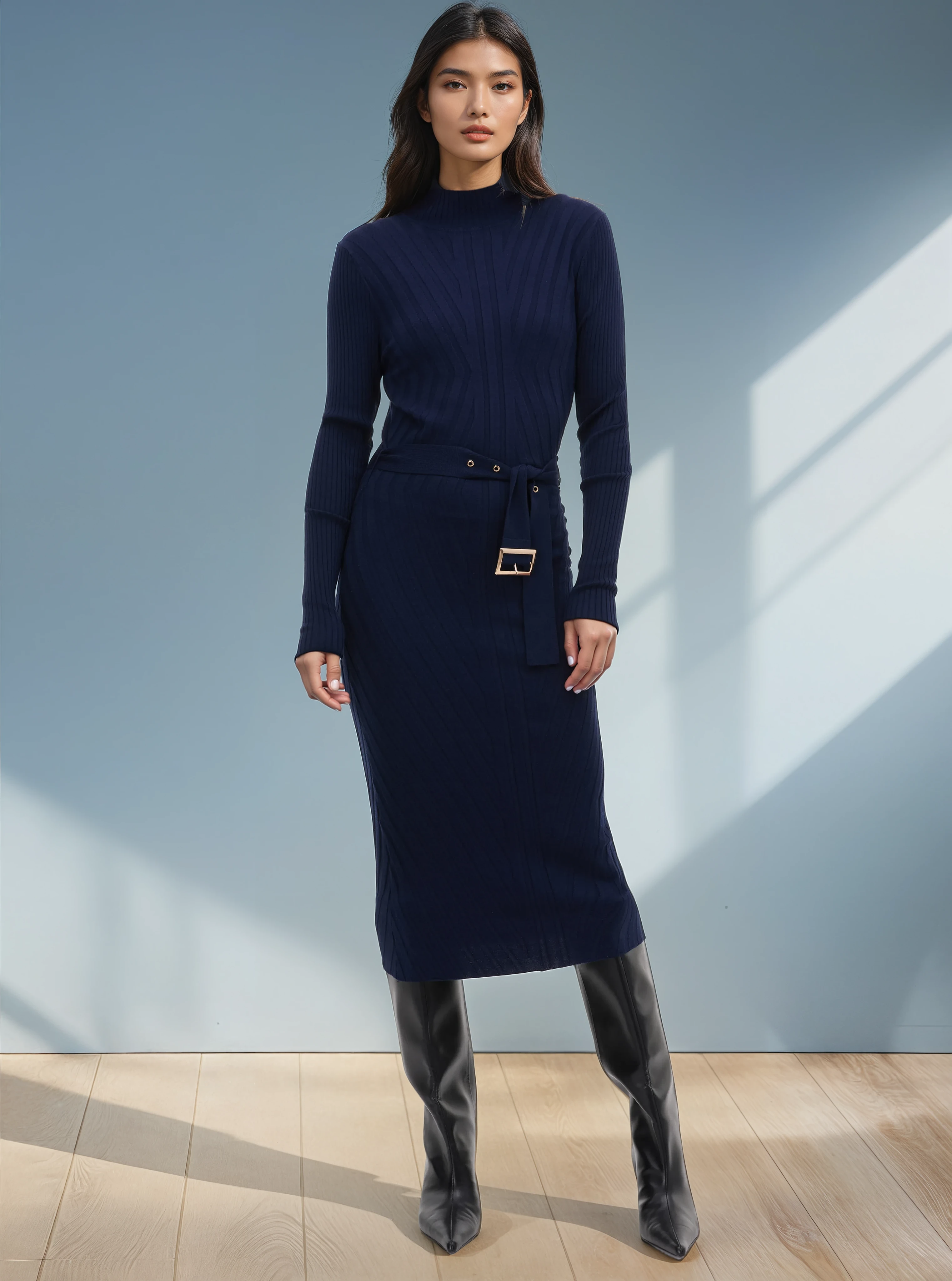 Rochie lungă tricotată mulată tubulară cu mâneci lungi  ORSAY bleumarin ORS010