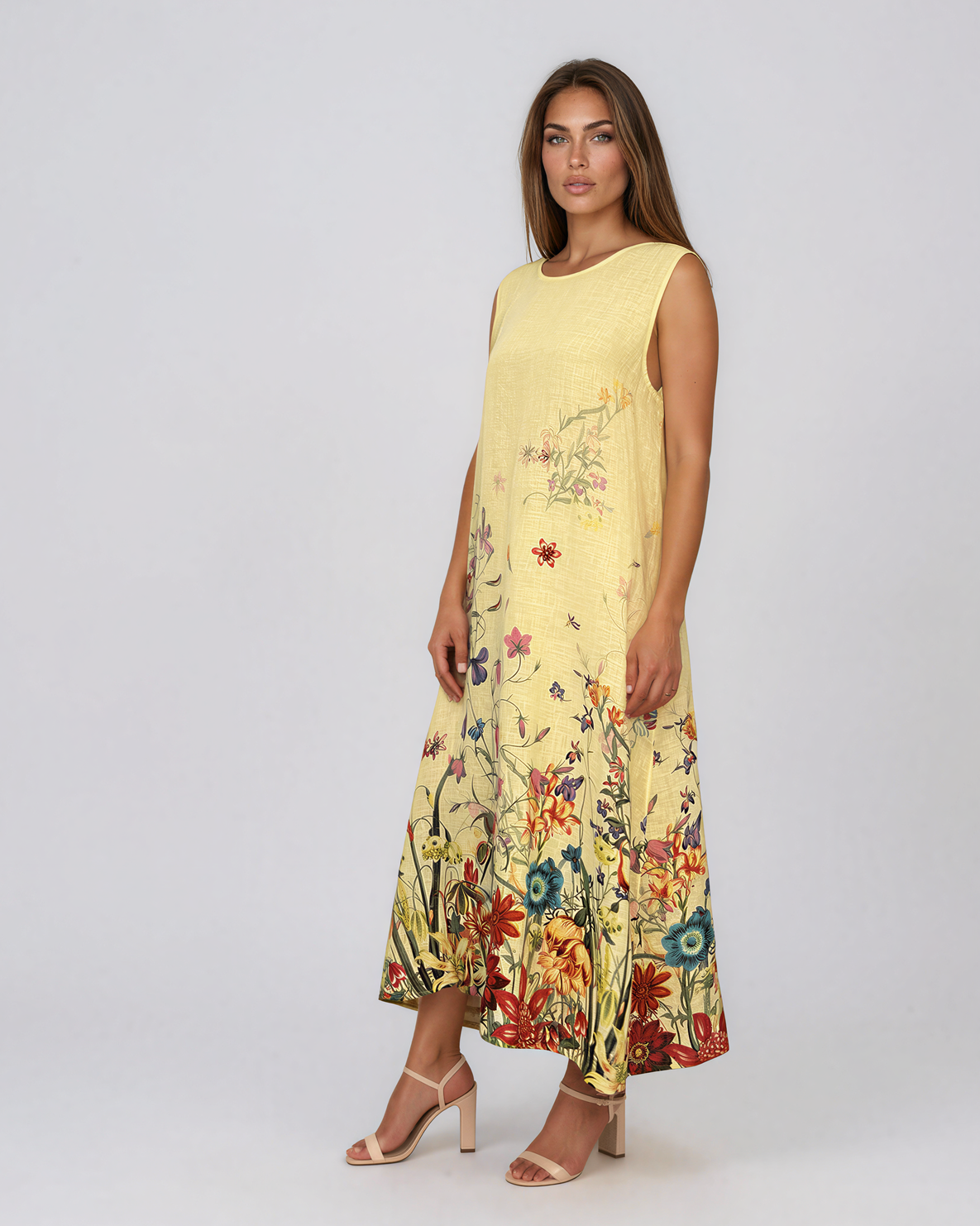 Rochie maxi din in cu imprimeu floral la poale galben PN065