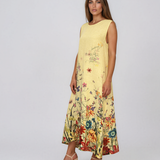 Rochie maxi din in cu imprimeu floral la poale galben PN065