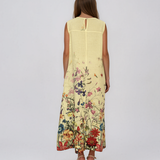 Rochie maxi din in cu imprimeu floral la poale galben PN065