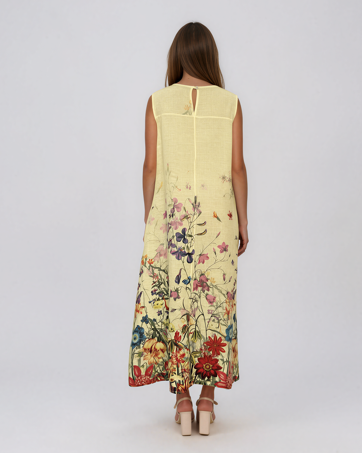 Rochie maxi din in cu imprimeu floral la poale galben PN065