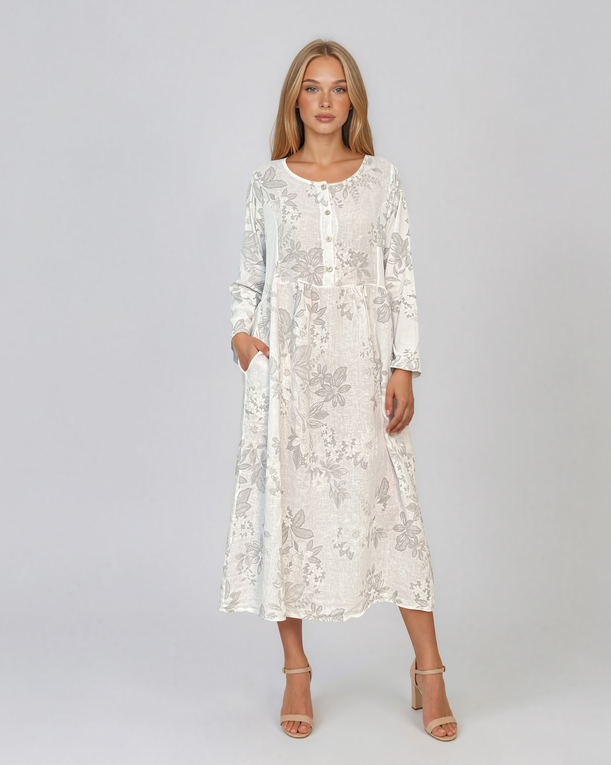 Rochie maxi din in cu mânecă lungă și imprimeu floral alb PN068