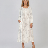 Rochie maxi din in cu mânecă lungă și imprimeu floral alb PN068