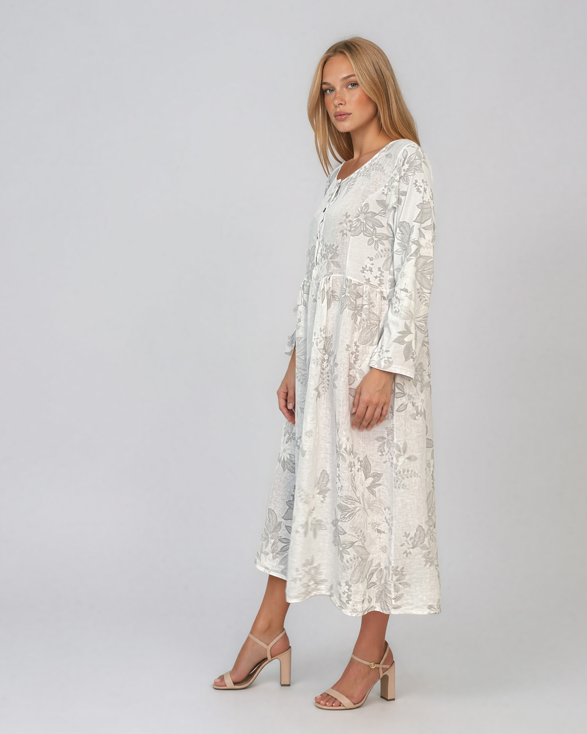 Rochie maxi din in cu mânecă lungă și imprimeu floral alb PN068
