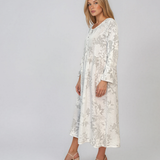 Rochie maxi din in cu mânecă lungă și imprimeu floral alb PN068