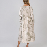 Rochie maxi din in cu mânecă lungă și imprimeu floral alb PN068