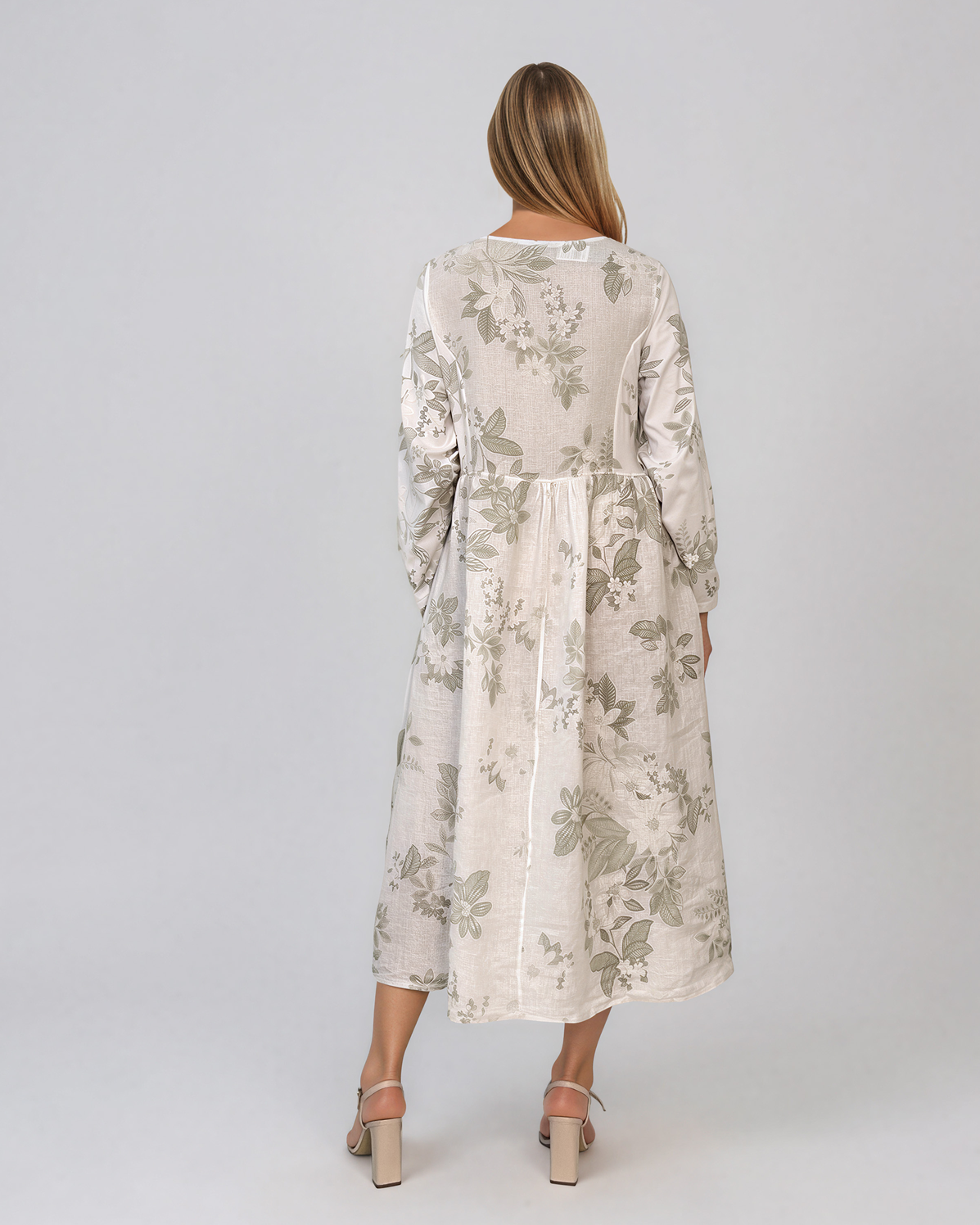 Rochie maxi din in cu mânecă lungă și imprimeu floral alb PN068
