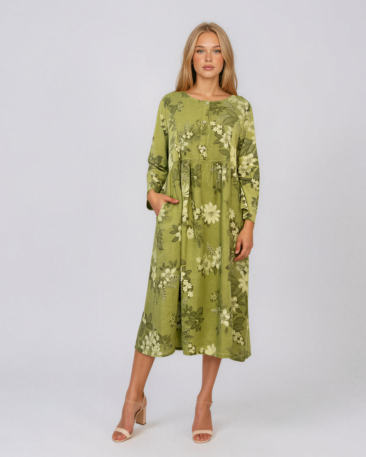 Rochie maxi din in cu mânecă lungă și imprimeu floral vernil PN068