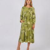 Rochie maxi din in cu mânecă lungă și imprimeu floral vernil PN068
