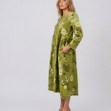 Rochie maxi din in cu mânecă lungă și imprimeu floral vernil PN068
