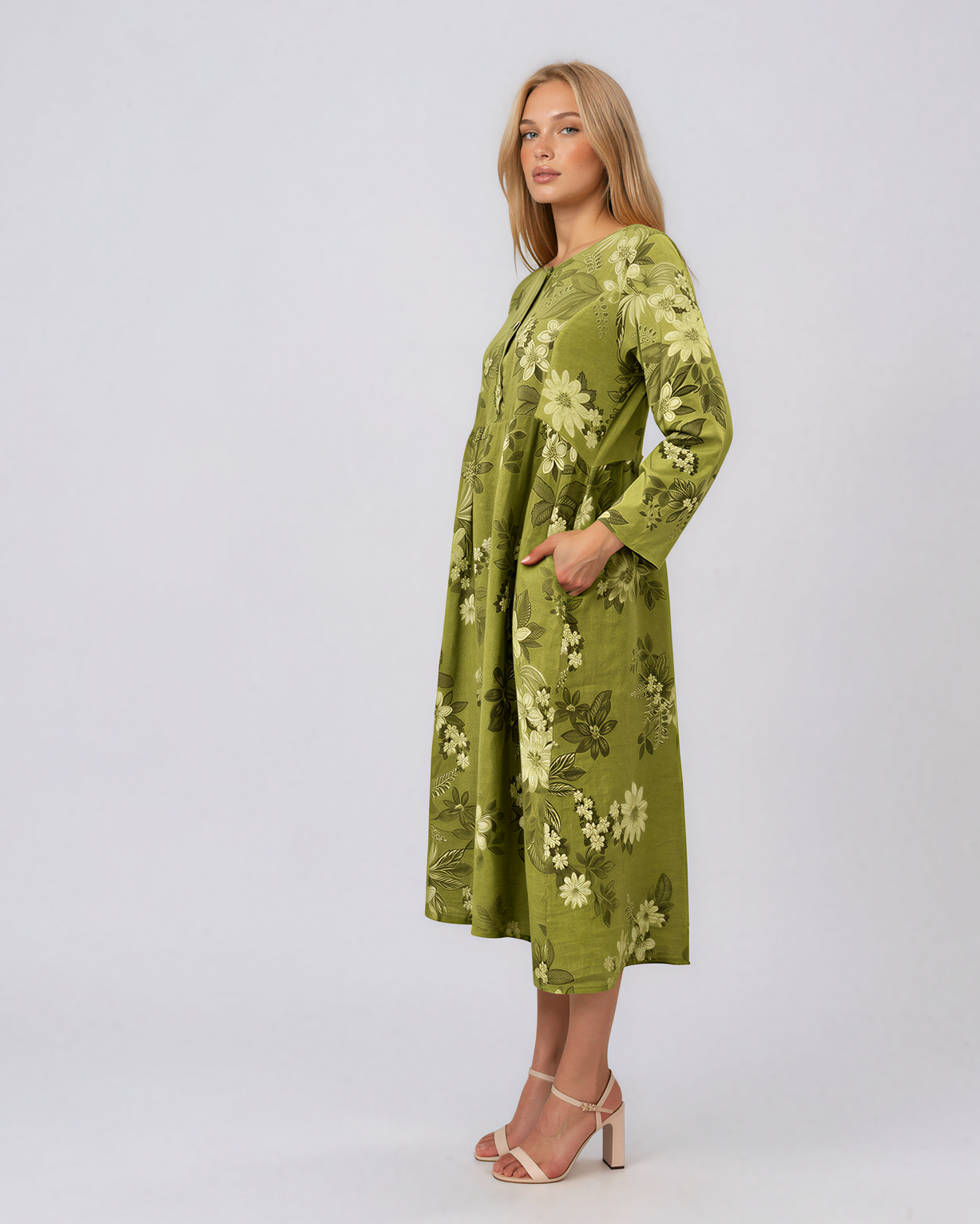 Rochie maxi din in cu mânecă lungă și imprimeu floral vernil PN068