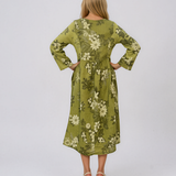 Rochie maxi din in cu mânecă lungă și imprimeu floral vernil PN068
