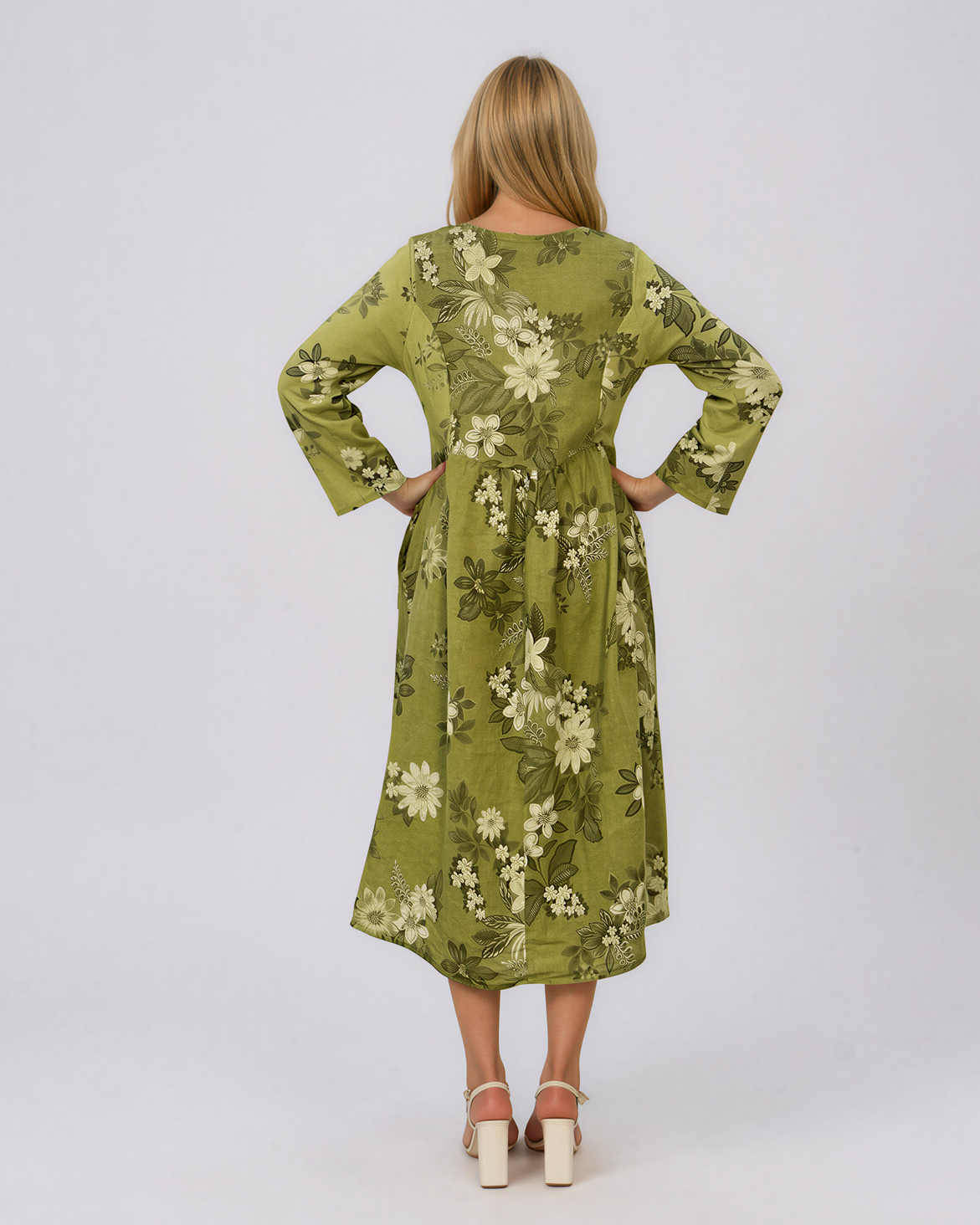 Rochie maxi din in cu mânecă lungă și imprimeu floral vernil PN068