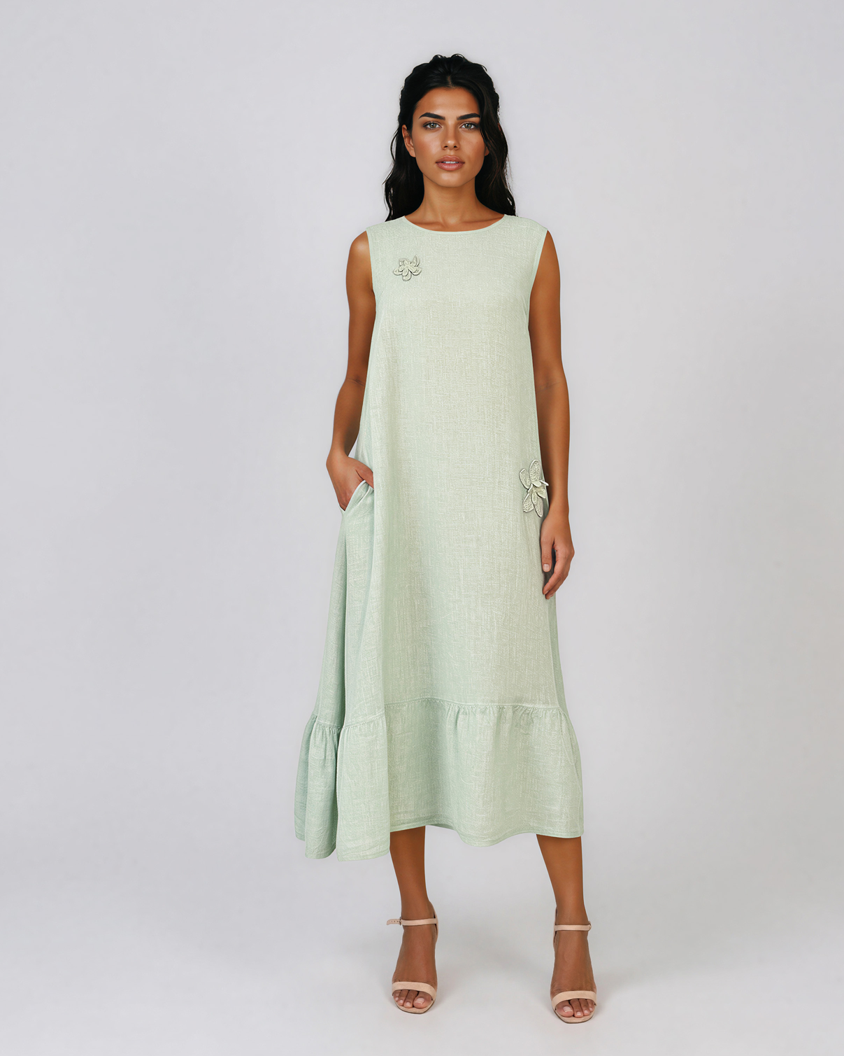 Rochie maxi din in fără mâneci, cu buzunare aqua PN067