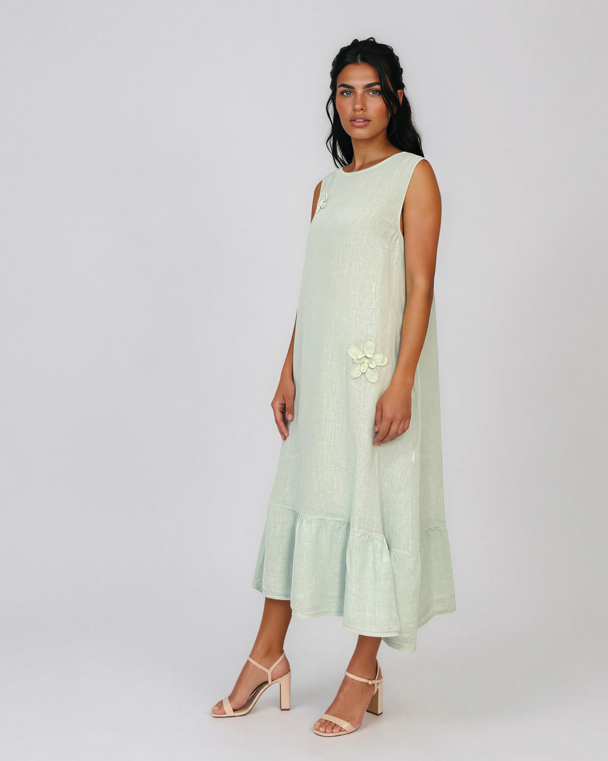 Rochie maxi din in fără mâneci, cu buzunare aqua PN067