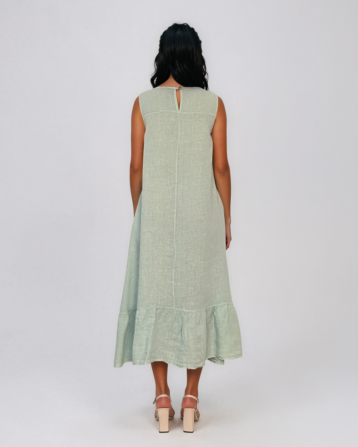 Rochie maxi din in fără mâneci, cu buzunare aqua PN067