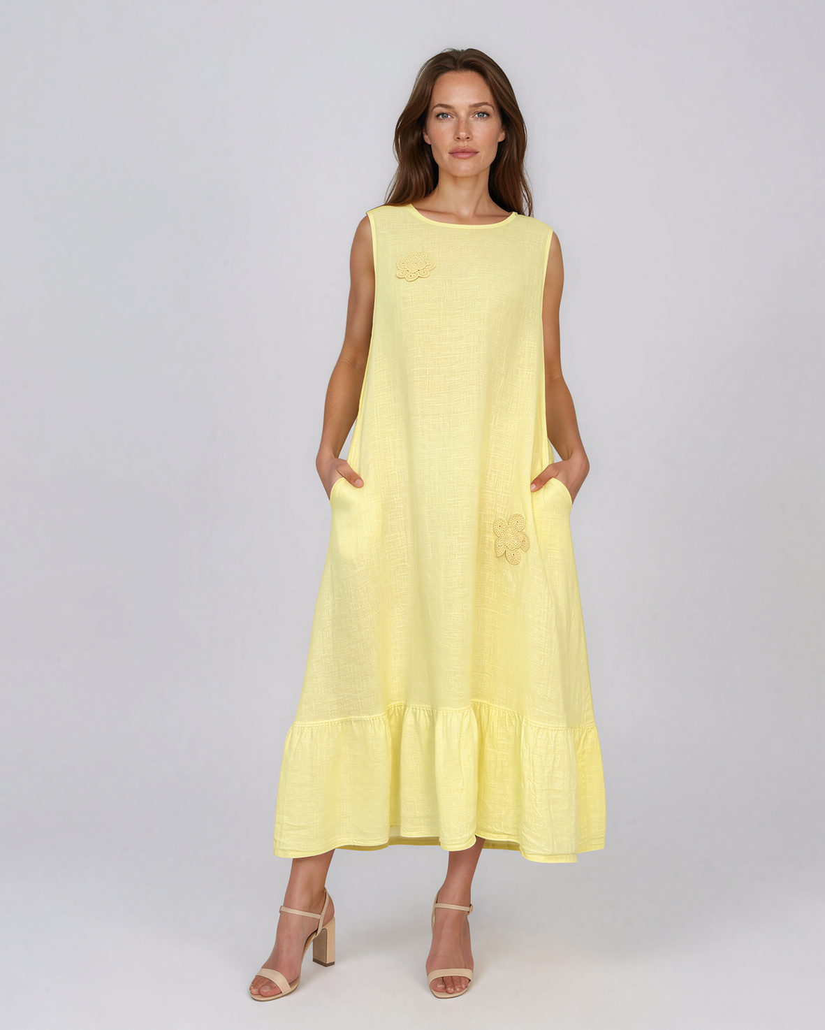 Rochie maxi din in fără mâneci, cu buzunare galben PN067