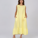 Rochie maxi din in fără mâneci, cu buzunare galben PN067
