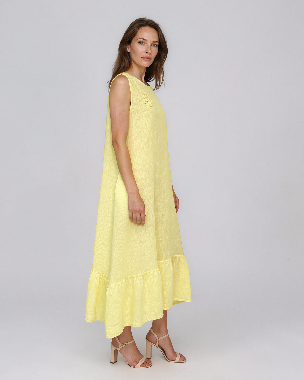 Rochie maxi din in fără mâneci, cu buzunare galben PN067