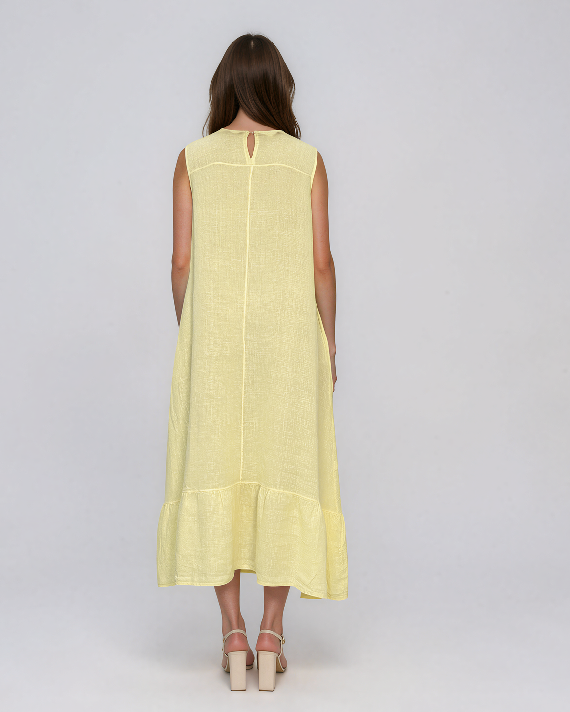 Rochie maxi din in fără mâneci, cu buzunare galben PN067