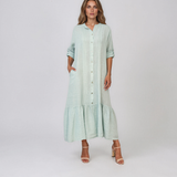 Rochie maxi tip cămașă din in cu volan la tiv aqua PN064