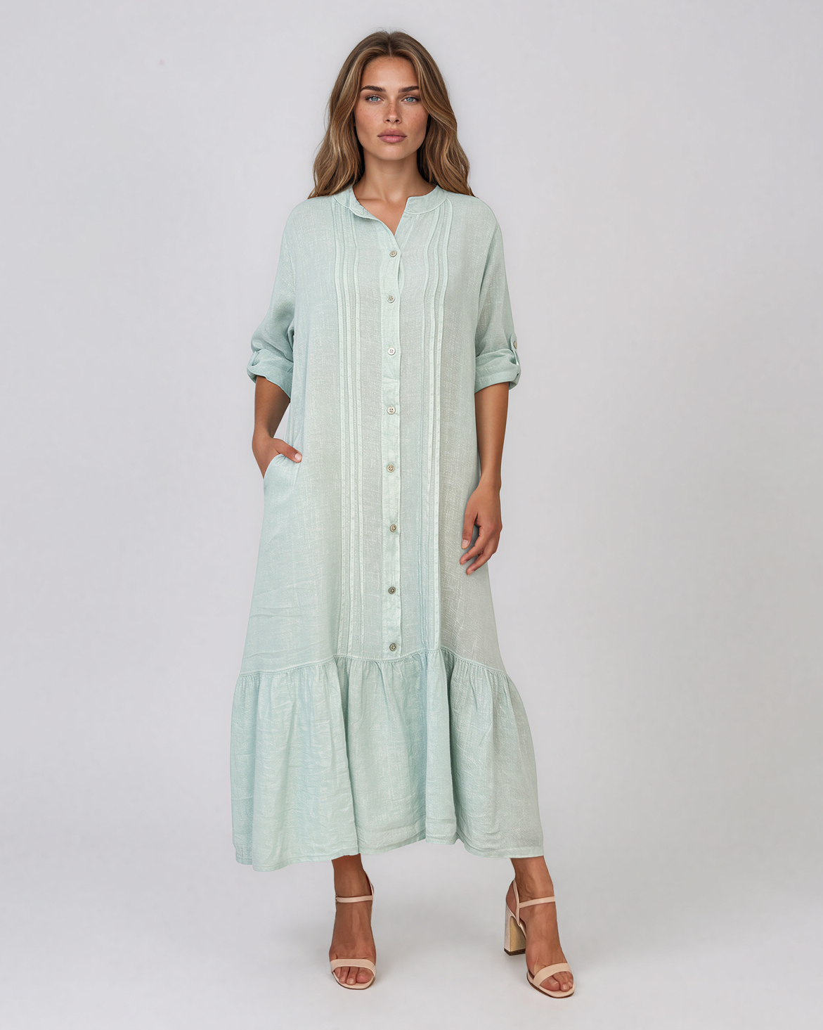 Rochie maxi tip cămașă din in cu volan la tiv aqua PN064