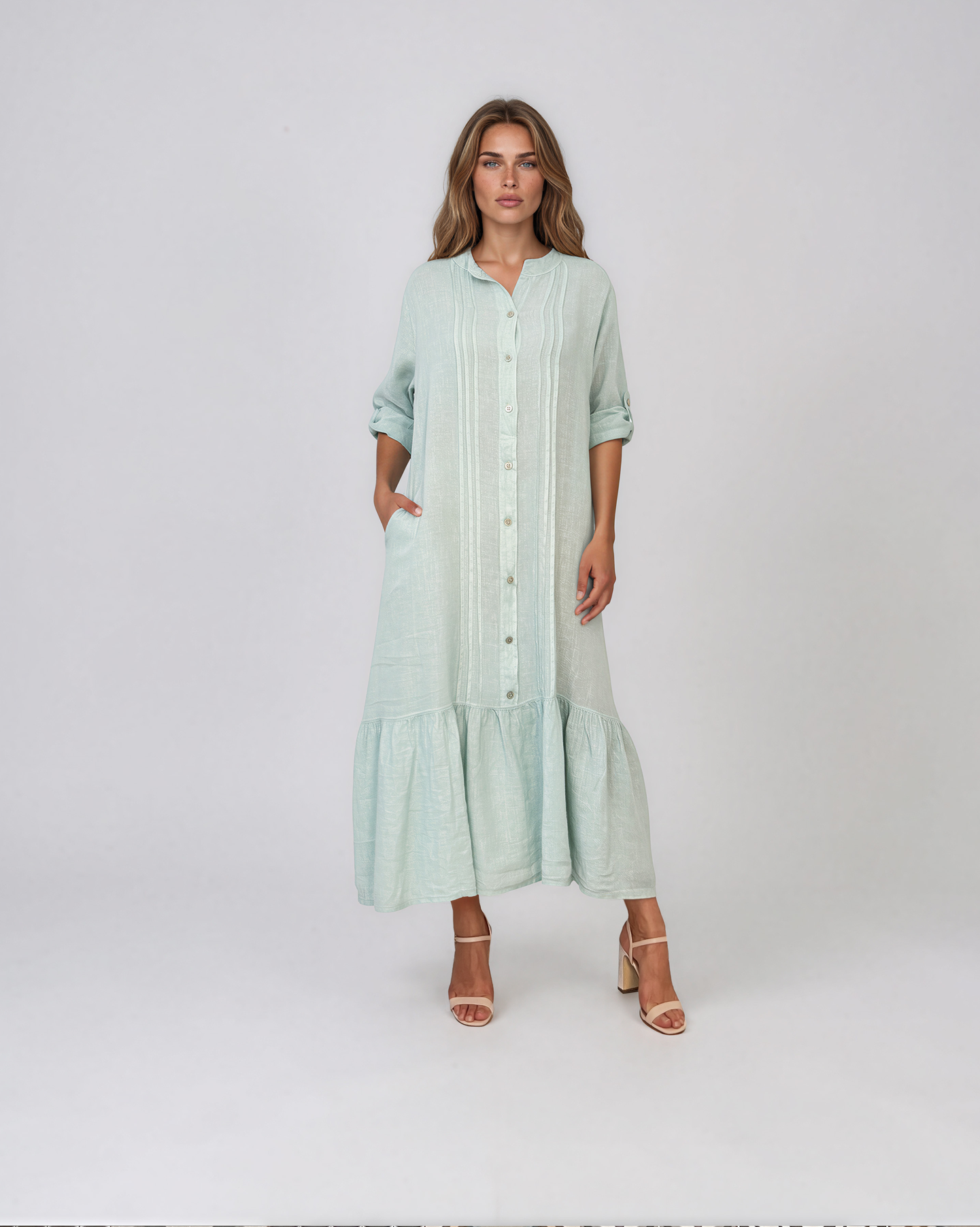 Rochie maxi tip cămașă din in cu volan la tiv aqua PN064