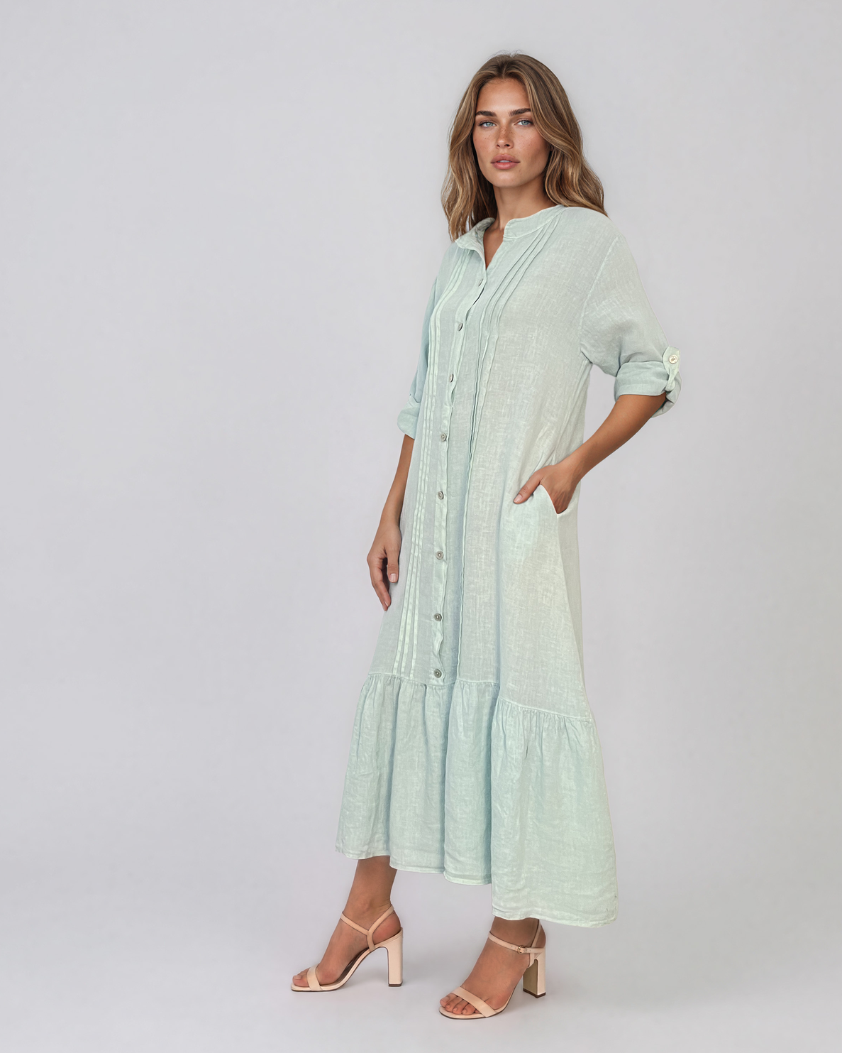 Rochie maxi tip cămașă din in cu volan la tiv aqua PN064