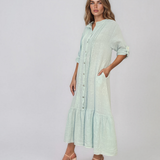 Rochie maxi tip cămașă din in cu volan la tiv aqua PN064