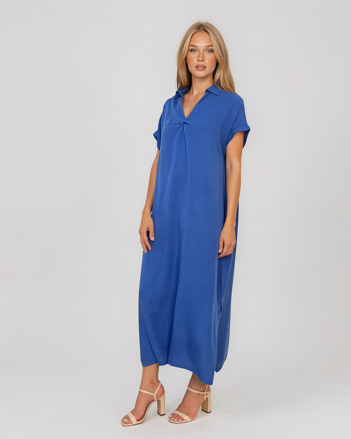 Rochie maxi tip cămașă din lyocell cu buzunare albastru HL160
