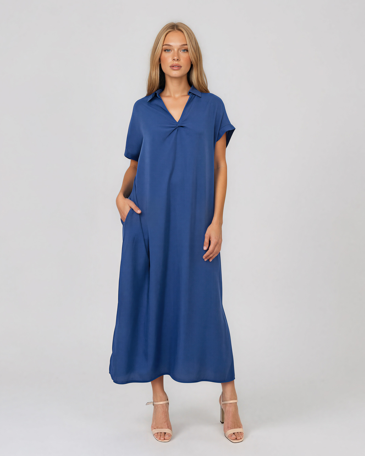 Rochie maxi tip cămașă din lyocell cu buzunare albastru HL160